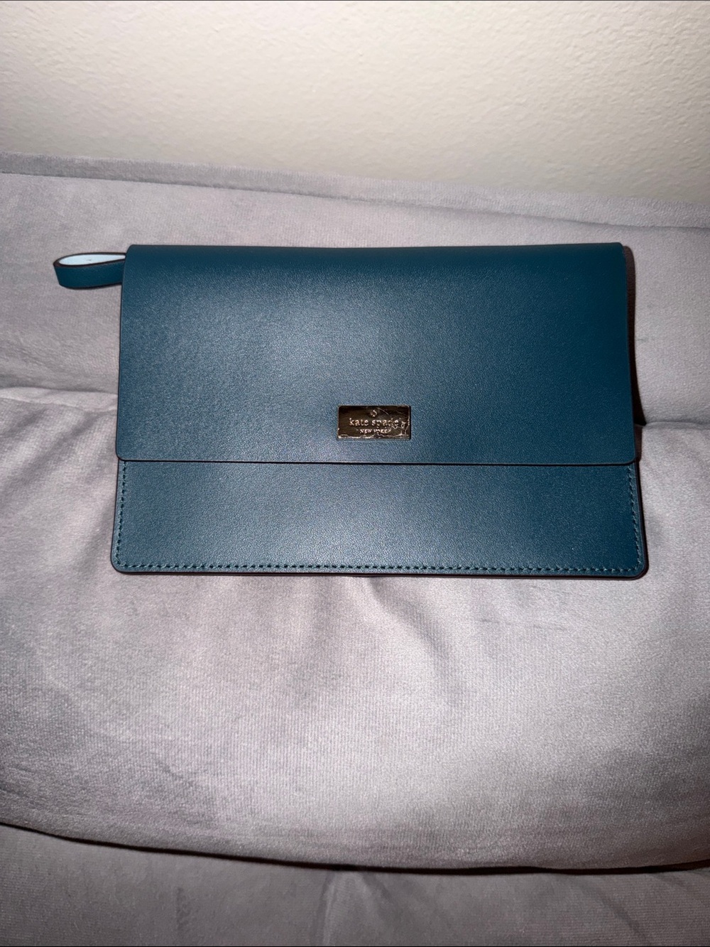 kate spade teal leather wristlet clutch with gold plaque